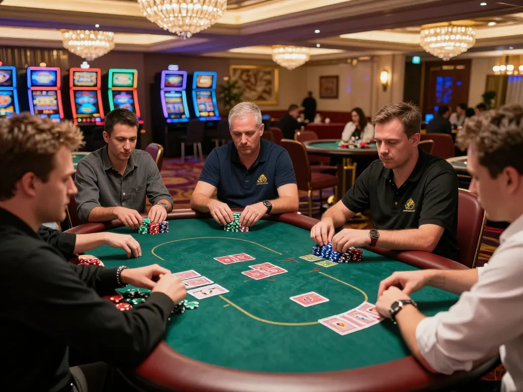 Engaging poker action at BK888 casino, players strategizing over colorful chips and cards.