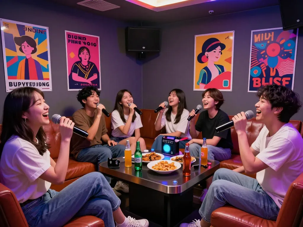 사적 공간에서 친구들과 함께 음료를 즐기며 활기찬 조명을 즐기는 즐거운 노래방 경험 at https://www.3no.org/bupyeong.
