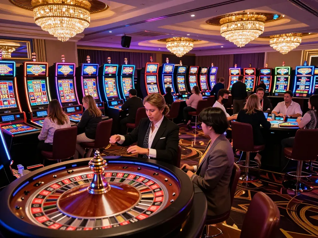 Players enjoying a thrilling BK8 roulette game amid a luxurious casino atmosphere.
