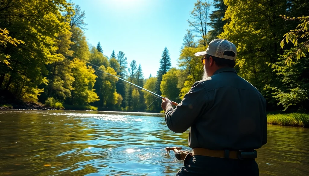 Angler casting line while enjoying fly fishing gifts in a serene river setting.