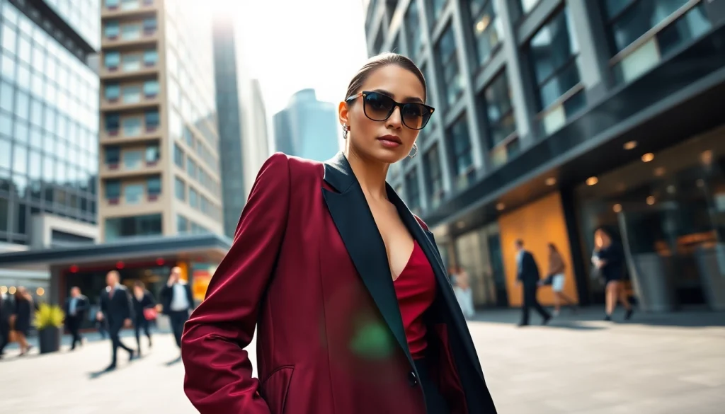 Highlighting fashion elegance, a model stands confidently in a vibrant urban setting.