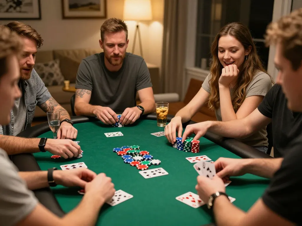 W188 players enjoying a friendly poker game with vibrant chips and warm lighting, capturing the thrill of gameplay.