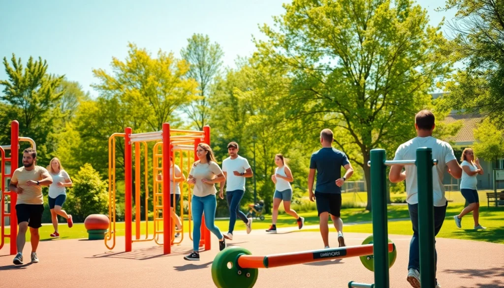 Active individuals workout using Outdoor Gym Equipment in a sunny park setting.