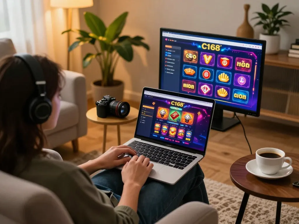 C168 online gaming experience with dynamic interface on laptop, cozy home setting.