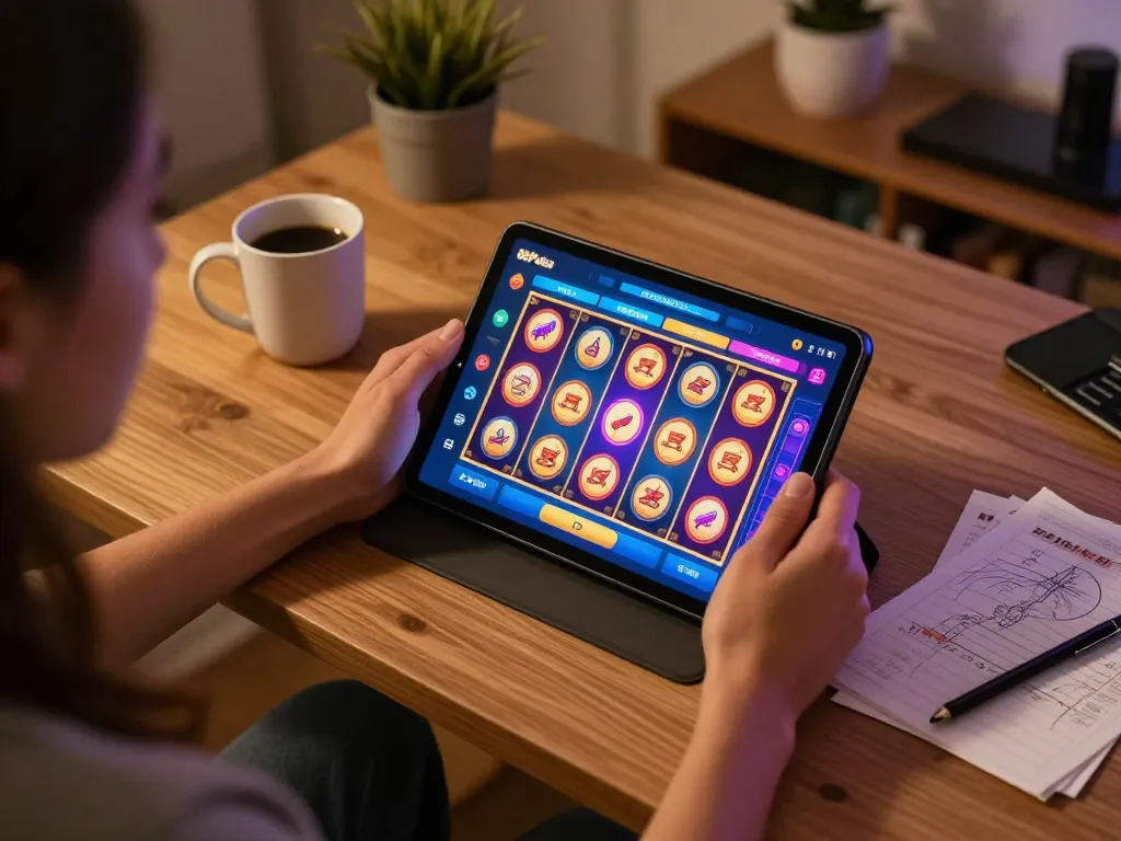 Pemain menikmati permainan slot di aplikasi 88Pulsa di suasana rumah yang nyaman, menampilkan gameplay yang hidup dan catatan strategi.