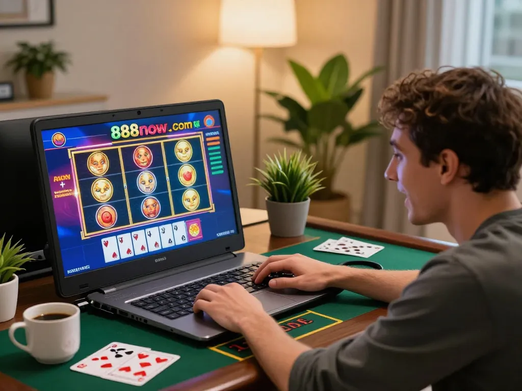 Engaged player experiencing exciting gaming moments on 888now com from a cozy home setup