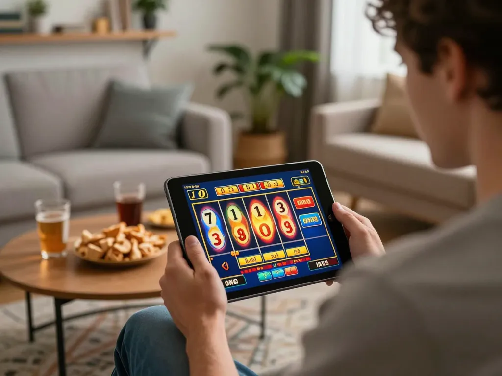 Pemain menikmati permainan slot hoki88 di tablet di ruang tamu yang nyaman, menyoroti pengalaman perjudian online yang santai.