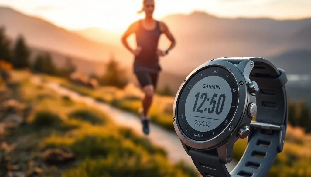 Garmin device on display showing fitness tracking capabilities while running outdoors