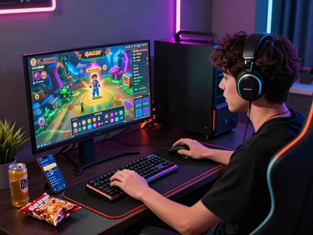 Engaged player experiencing slot gacor games with vibrant graphics in a dynamic gaming setup at home.