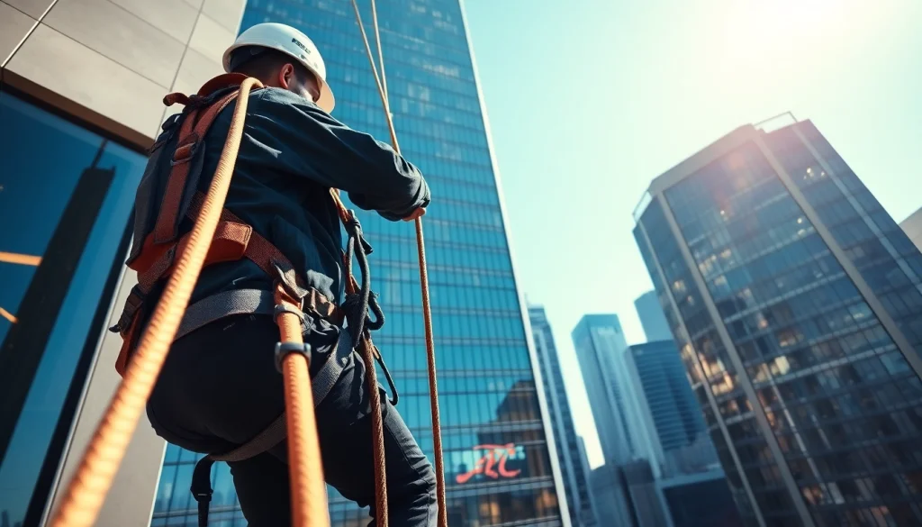 Worker performing industrial rope access on a high-rise building, showcasing safety and skill.