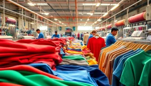 Showcase of Clothing Manufacturer China with vibrant fabrics and skilled workers in a textile factory setting.