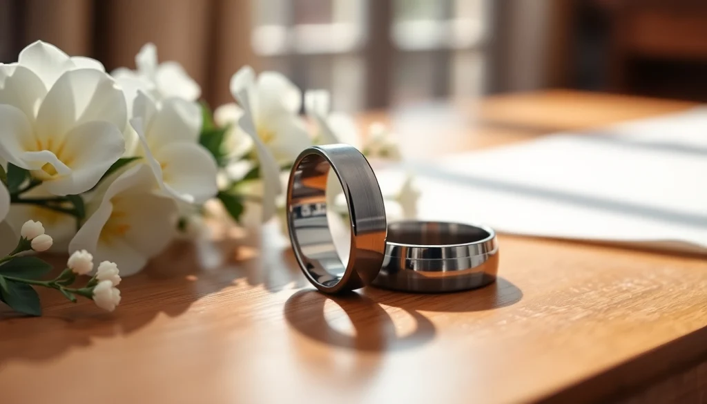 Admire the sleek tungsten wedding bands highlighted against elegant floral decor.