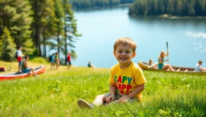 Celebrate a joyful child's first time at overnight camps amidst a lively nature setting.