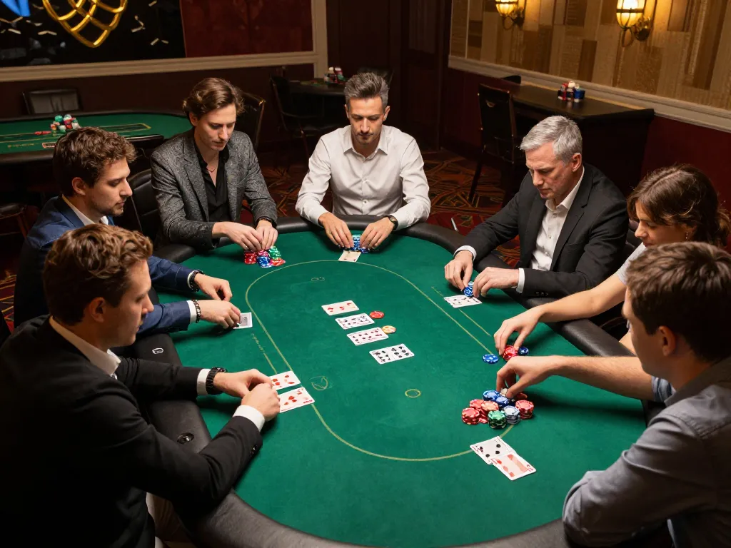 Players strategizing their winning hands at gem88 poker table in an upscale casino.