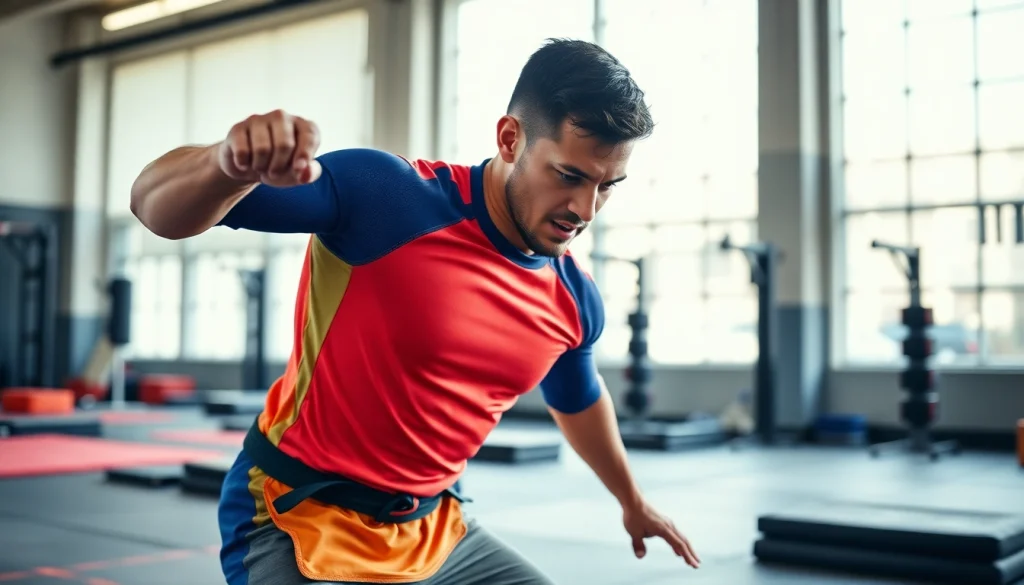 Showcase of a competitive athlete in BJJ Rash Guards performing martial arts in a vibrant training area.