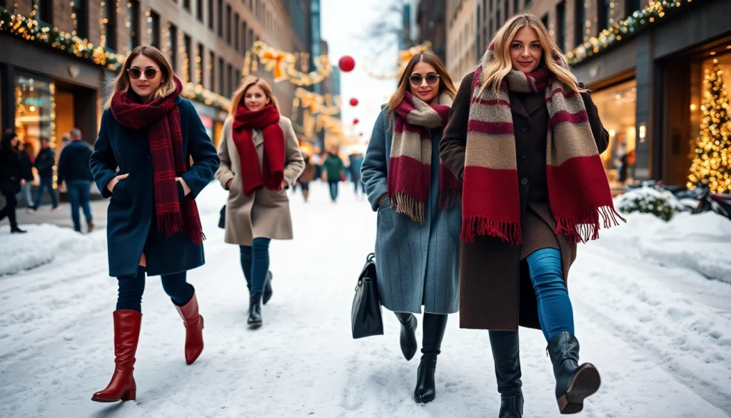 Models showcasing stylish winter fashion ensembles on a snowy city street.