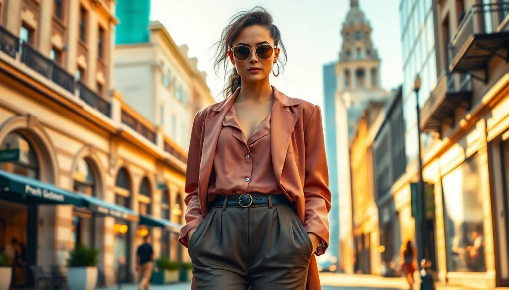 Showcasing fashion trends with a model in a vibrant urban setting.