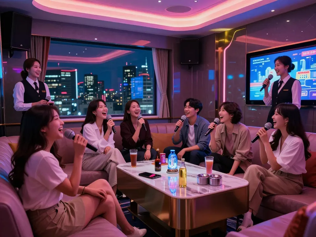 강남퍼펙트 노래방에서 화려한 LED 조명과 세심한 직원들이 어우러져 활기 넘치는 저녁 나들이의 정수를 포착한 사회적 모임.