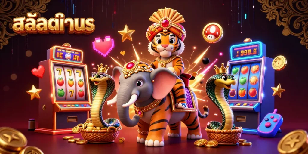 Experience the thrill of สล็อตทดลอง with vibrant slot machines and playful characters in a dynamic casino scene.