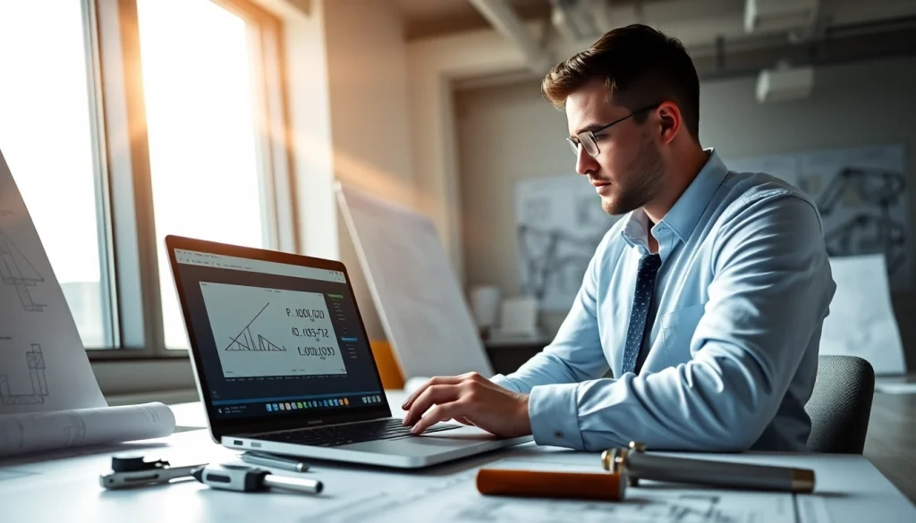 Using a truss calculator in a modern workspace with technical diagrams and bright lighting.