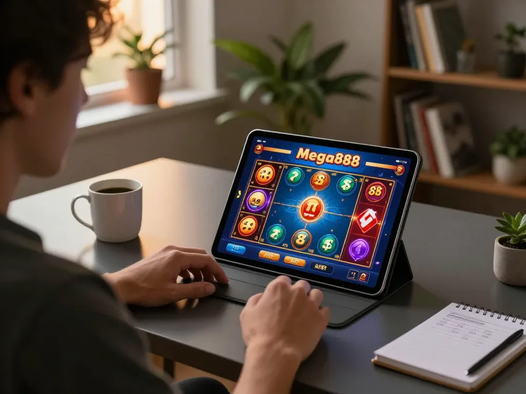 Playing casino games using the mega888 apk on a tablet, capturing strategic moments in a cozy home office.