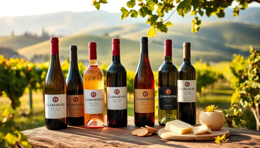 Showcasing a selection of Clarksburg wines with vibrant grapevines in a scenic vineyard setting.