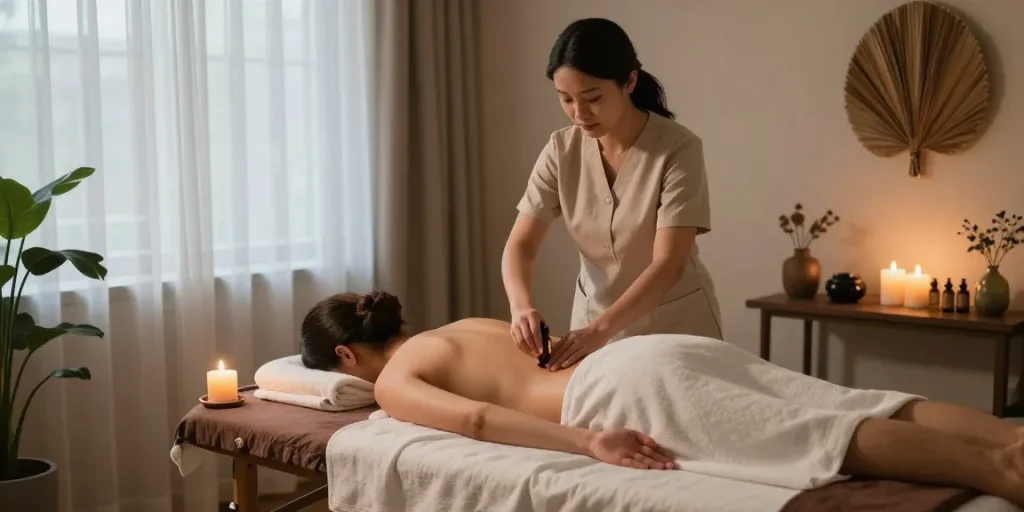 논현동마사지에서 편안한 마사지 체험, 아로마 오일과 촛불로 꾸며진 마사지룸의 모습입니다.