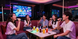 강남가라오케에서 친구들이 노래 부르며 즐거운 시간을 보내는 모습