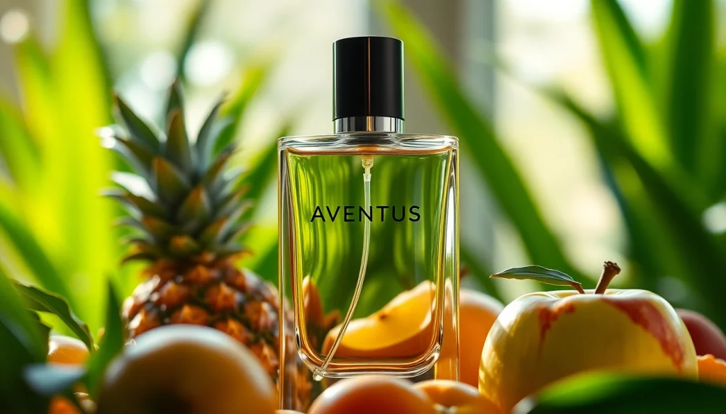 Aventus fragrance bottle highlighted among fresh fruits in a sophisticated setting.