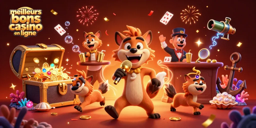 Illustration des meilleurs bonus de casino en ligne avec des hyènes animant un club de comédie.