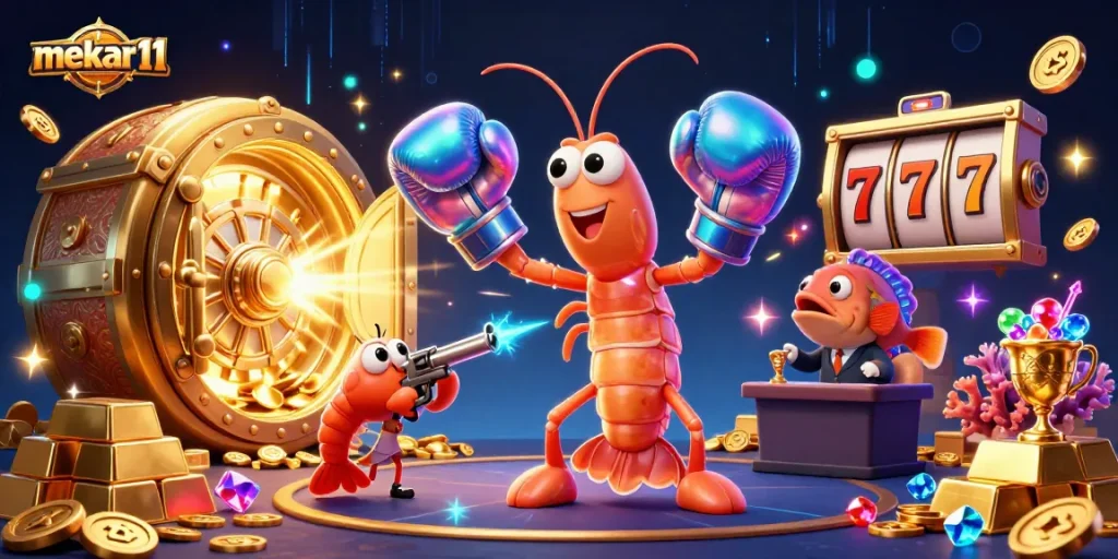 Mekar11 showcases a vibrant gambling scene featuring a mantis shrimp champion, bursting treasure, and slot reels.