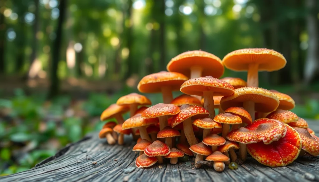 Buy psychedelics online Canada showcased through vibrant mushrooms on rustic wood.