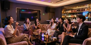 강남쩜오 프리미엄 노래방의 고급스러운 분위기 속에서 친구들이 즐기는 모습