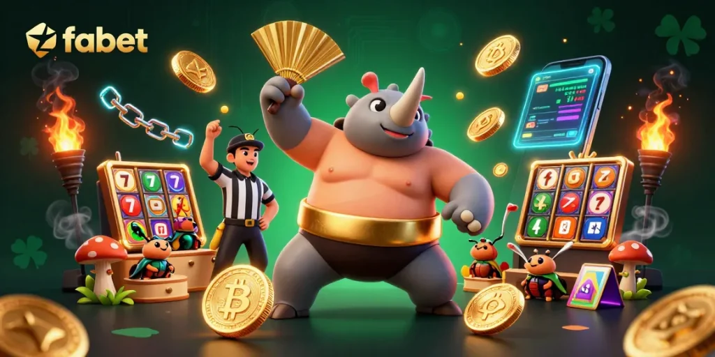 Fabet brings thrilling action with a sumo champion beetle amidst flying coins in a vibrant casino setting.