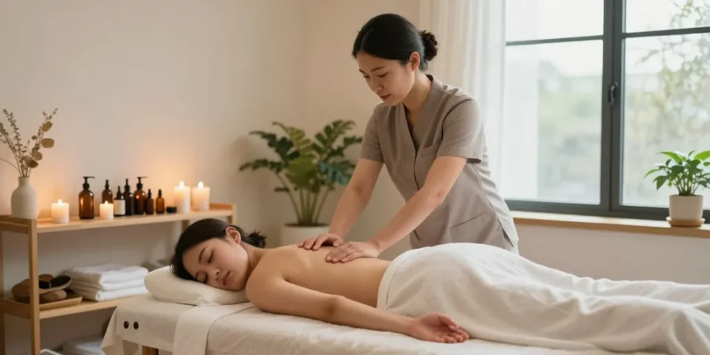 1인샵 마사지를 받고 있는 고객과 전문 관리사의 편안한 환경