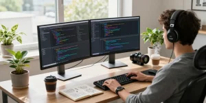 Efficient workspace with dual monitors for 截图软件下载, showcasing vibrant code and design tools.