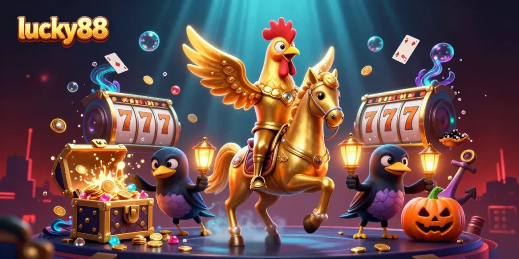 Experience thrilling gameplay at lucky88 with a golden rooster, spectral horse, and gaming elements.