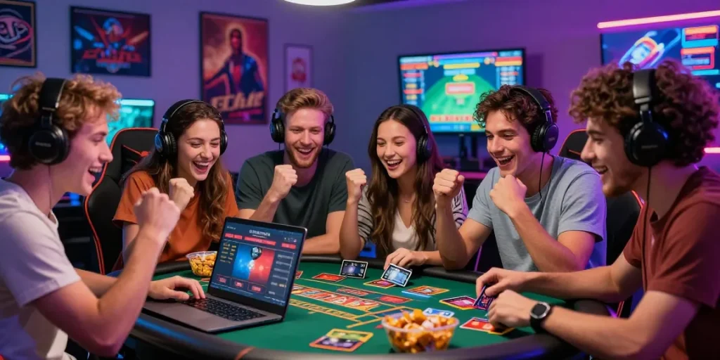 Exciting moment at a credit card casino where friends celebrate a big win while gaming online, showcasing a lively atmosphere.