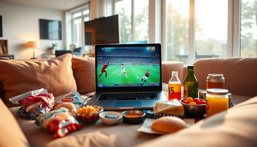Menyaksikan bolakami dalam suasana nyaman, laptop modern menampilkan pertandingan sepak bola.