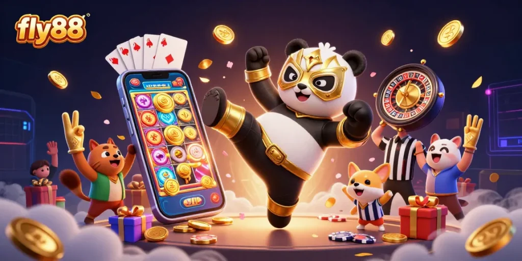 Experience thrilling action at fly88 with a cartoon panda wrestler and vibrant casino elements.