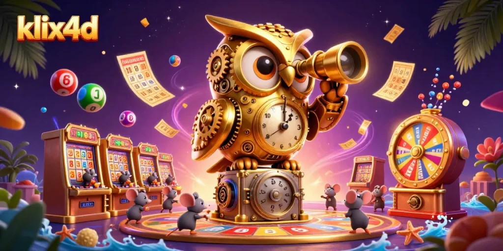 Menangi lotere dengan klix4d, menggambarkan karakter lucu di kasino dengan bola undian berwarna-warni.