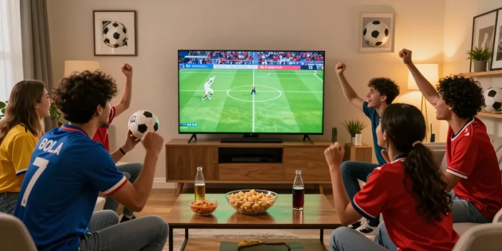 Menikmati live streaming bola dengan teman-teman di ruang tamu yang ceria.