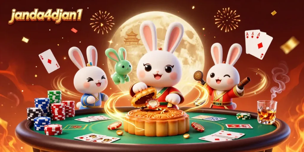 Janda4djan1 mempersembahkan ilustrasi kasino dengan tema bulan, poker, dan perayaan. Kualitas tinggi!